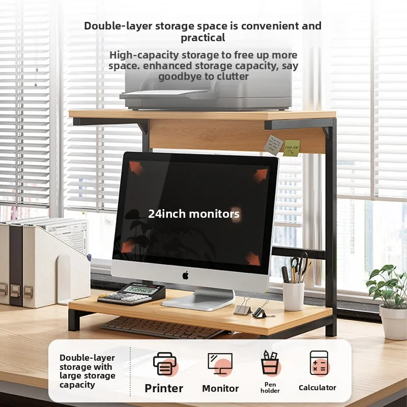 Two Tier Monitor Riser Shelf for Desk, C-Shaped Steel Frame, Deep Storage Space for Printer, Books, Office Supplies and Files