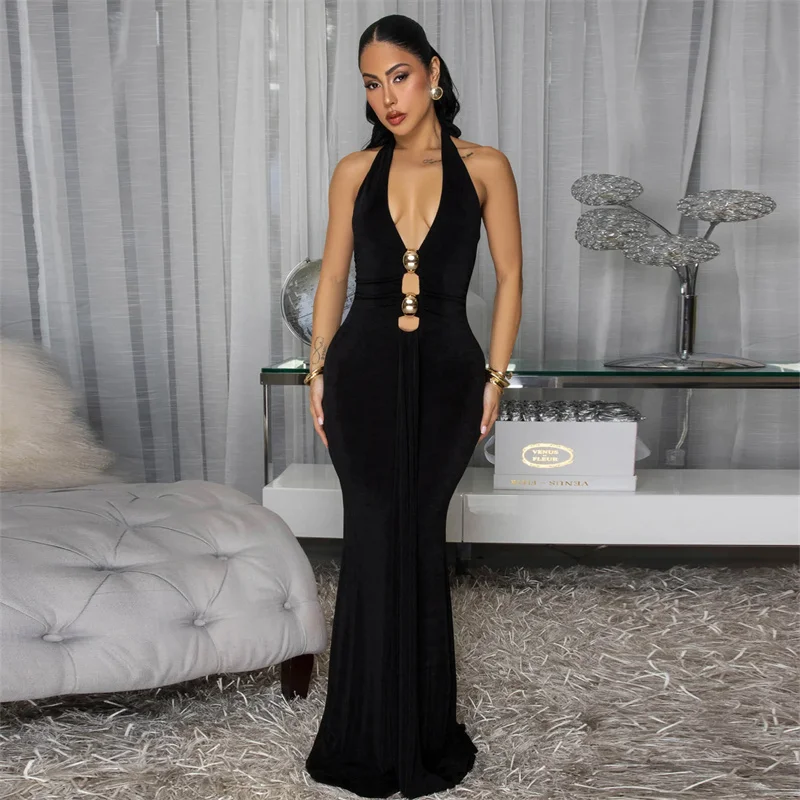 Sin espalda sin mangas Halter ceñido al cuerpo mujeres delgadas Sexy vestido largo de fiesta recortado negro blanco Maxi vestido de noche para discoteca con cinta larga