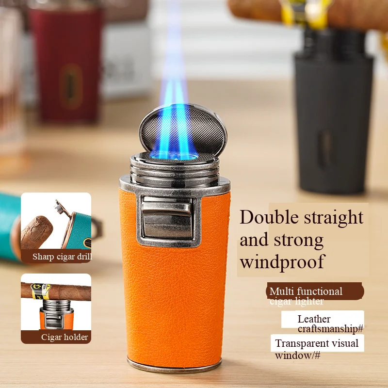 

Multi Functional Dual Straight Cigar Lighter Creative Leather Texture Craftsmanship Blue Flame Windproof High Firepower Lighter