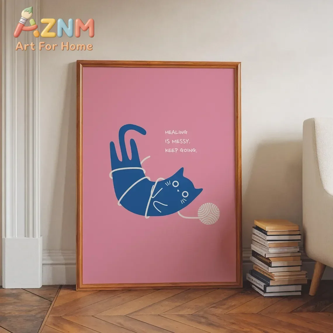 AZNM Healing Is Messy Keep Going Canvas Wall Art Cute Blue Cat With Yarn Ball Pink Background Quote Art Print Unframed Canvas Po