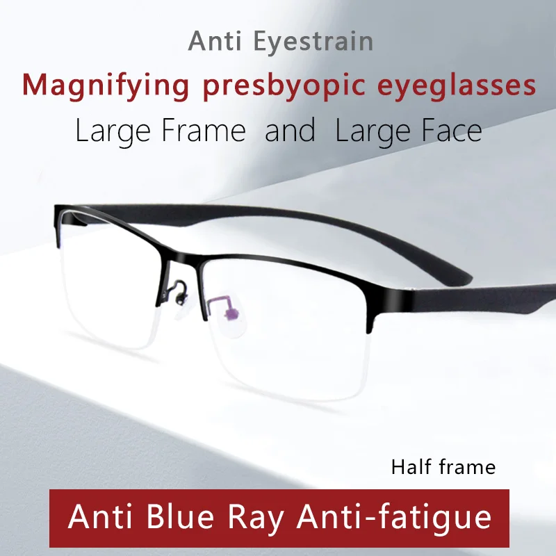 

Large Oversized Reading Glasses for Men,Blue Light Blocking Metal Half Wide Frame Computer Readers, Anti Glare/Eyestrain