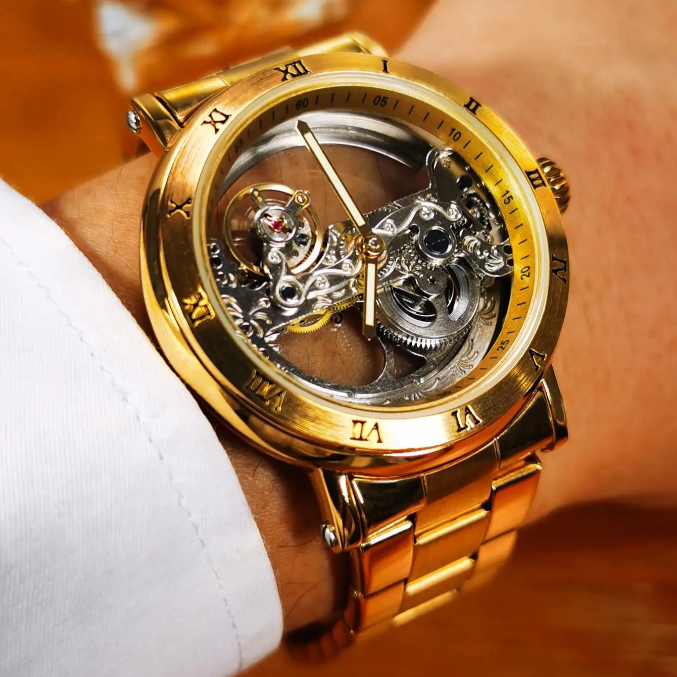 

Механические часы Forsining класса люкс для мужчин: автоматические часы Golden Bridge Skeleton с кожаным и стальным ремешком, ретро-стиль, деловые наручные часы