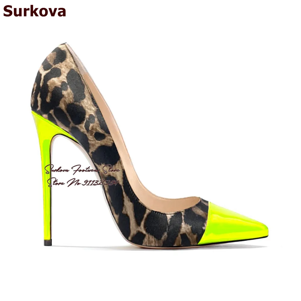 Surkova Leopard Satin Cloth Neon Yellow High Heel Shoes Sexy Color Patchwork Pointed Toe Wedding Pumps Pink Green Stilettos