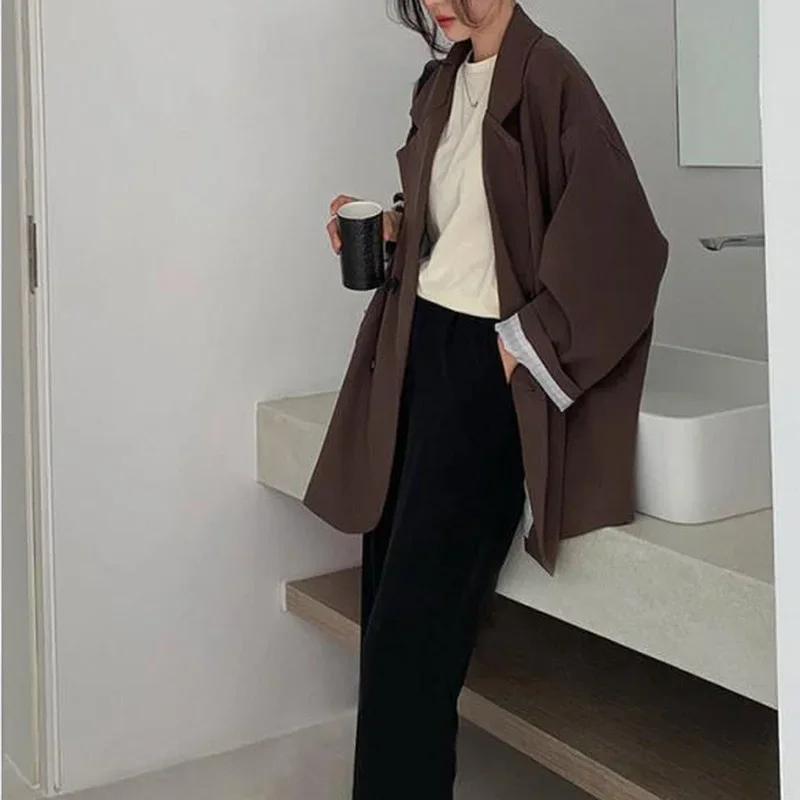 Vintage Brown Blazer Women Elegant Official Ladies Autumn Fashion Long Sleeve Oversized Chic Casual Jacket All-match