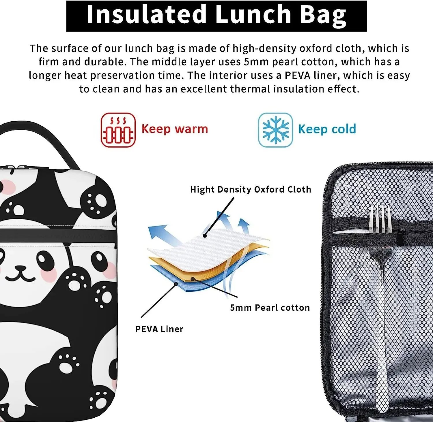 Cute Panda Print Lunch Box Reusable Insulated Lunch Bag Thermal Cooler Tote for Boys Girls School Men Women Picnic Travel Hiking