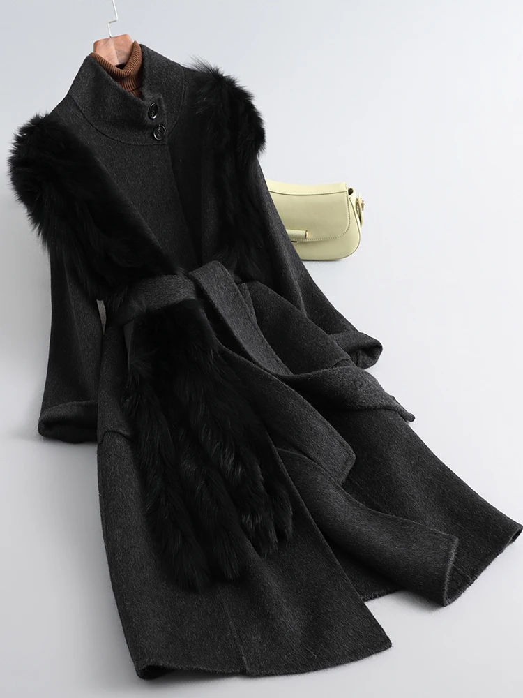 2023 New Women Real Fur Coat Winter Jacket Natural Fox Fur Collar Long Cashmere Wool Woolen Ladies Outerwear Streetwear