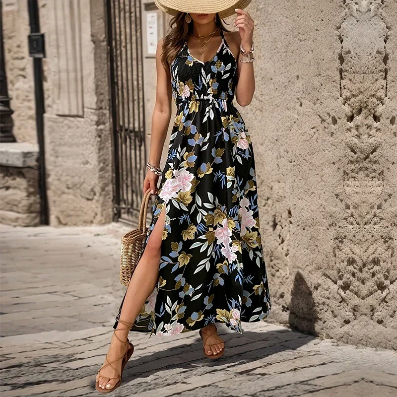 Conciso mujeres verano Casual Boho vestido veraniego Spaghetti Strap espalda descubierta frente dividido hueco cuello en V con cordones vestidos Midi fluidos moda