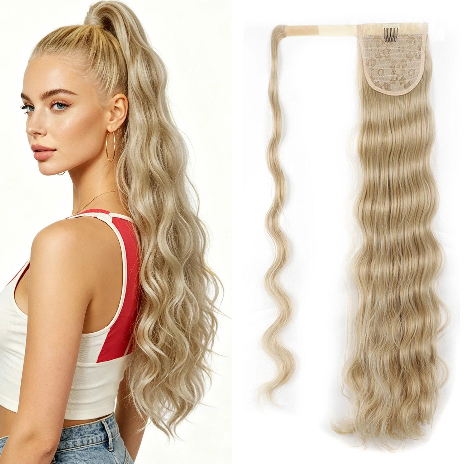 24 Inch Long Body Wave Ponytail Hair Extension Synthetic Heat Resistant Wrap Around Curly Wavy Ponytail Hairpieces for Women