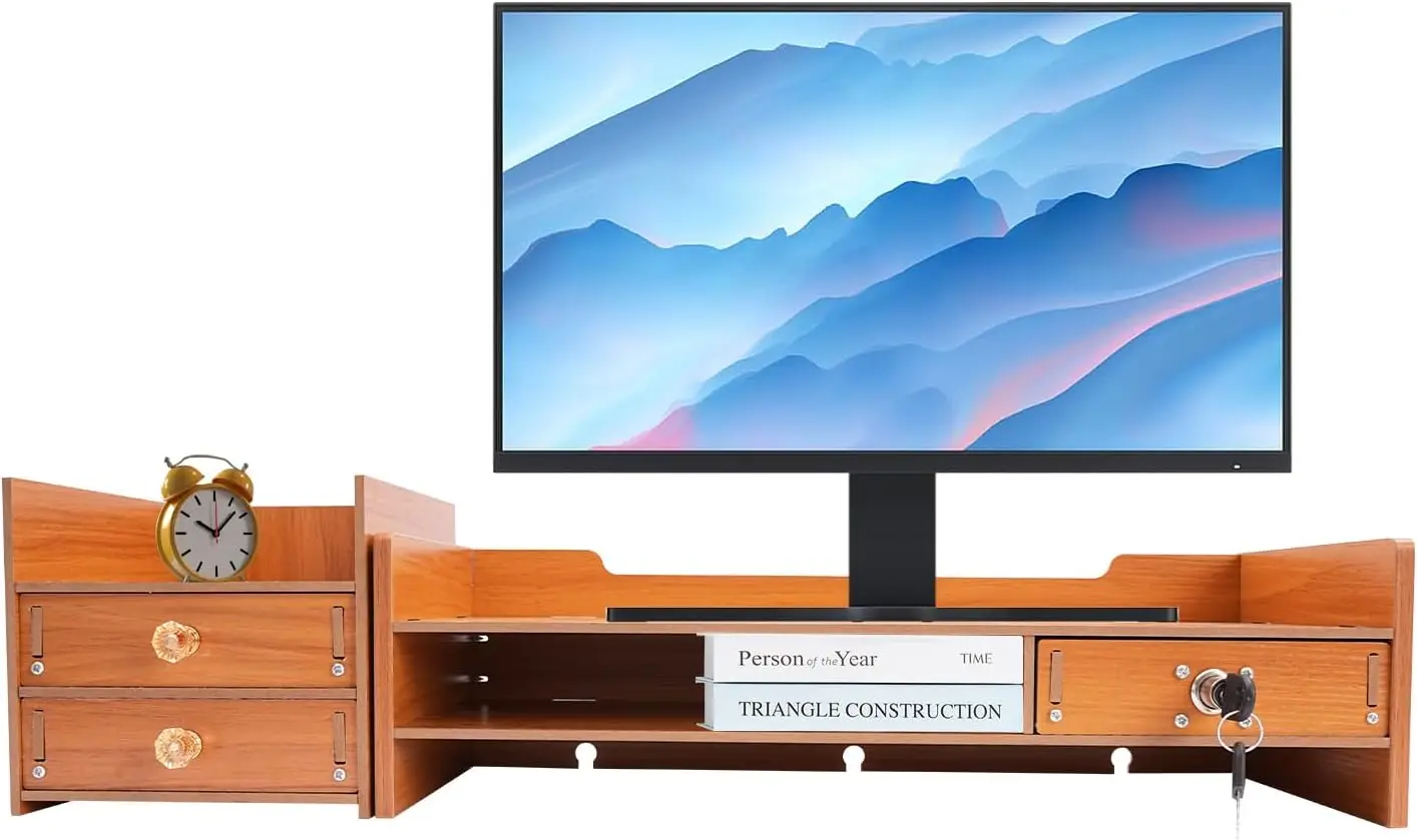 Computer Monitor Stand Desk With Storage,Wood Laptop Stand,Desk Organizer With Drawer For Office, Home, School