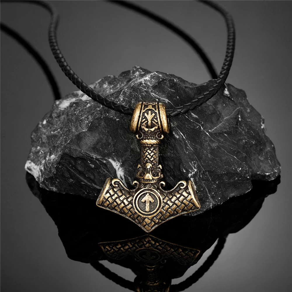 Vikings Crown Thor\'s Hammer Necklaces Men Stainless Steel Norse Mythology Runes Valknut Pendant Amulet Scandinavian Male Jewelry