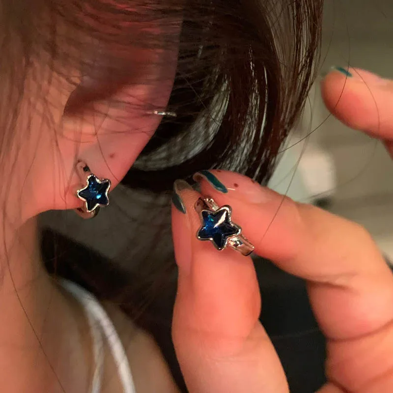 Y2K Trendy Cute Sweet Blue Star Hoop Earrings for Women Girls Simple New Fashion Vintage Earrings Aesthetic Jewelry Gift