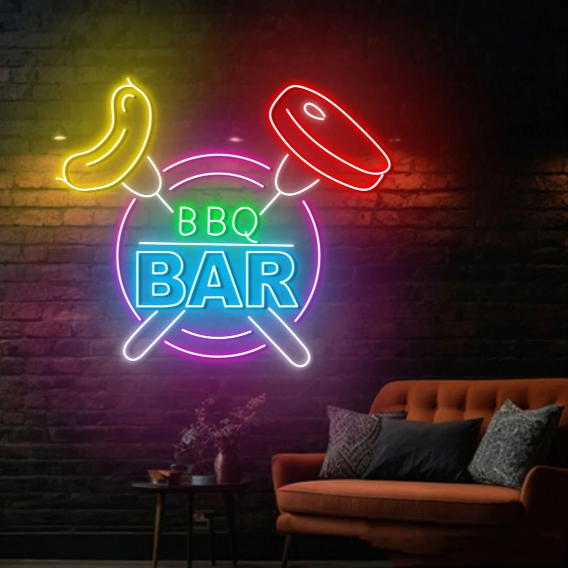 BBQ Bar Neon Sign Barbecue Grill Meat Steak BBQ Neon Sign Restaurant Kitchen House Wall Art Decor