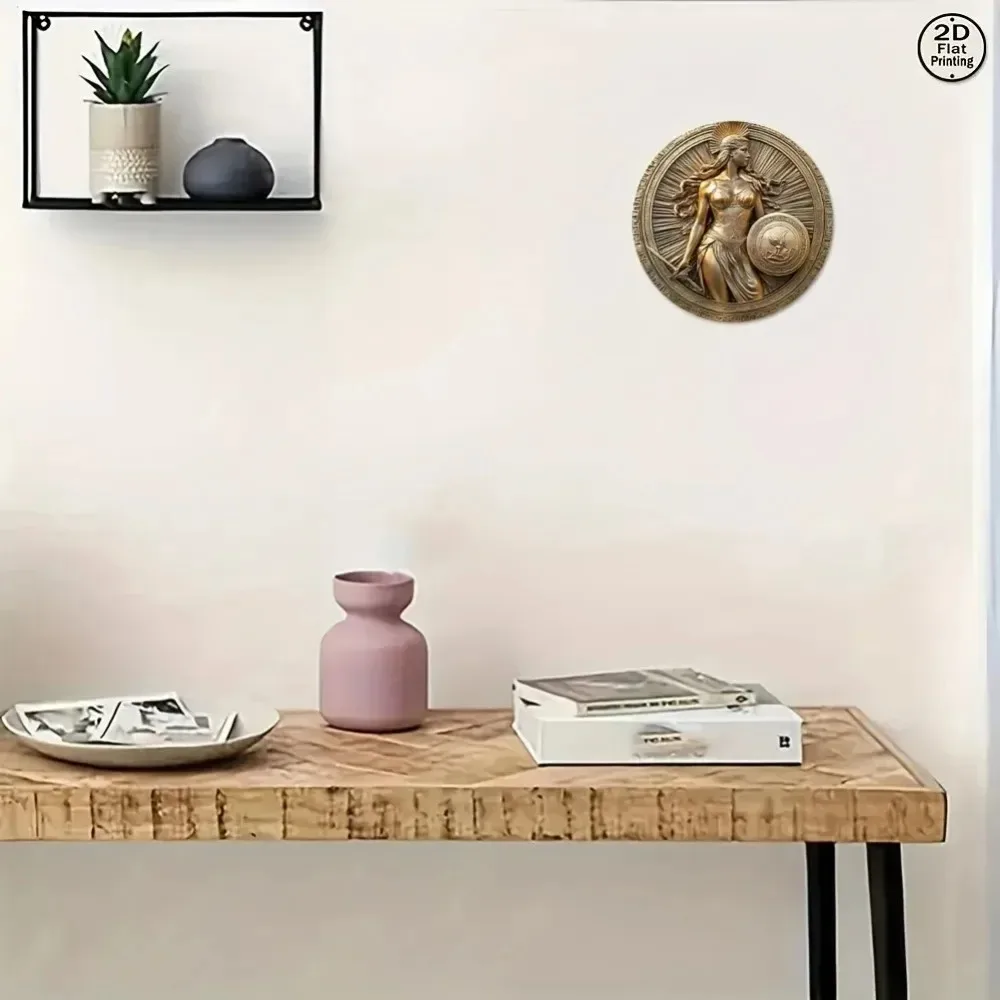 لوحة فنية جدارية ريترو آلهة يونانية أثينا - لافتة ألومنيوم مسطحة مستديرة ثنائية الأبعاد مع ديكور للسيف والدرع