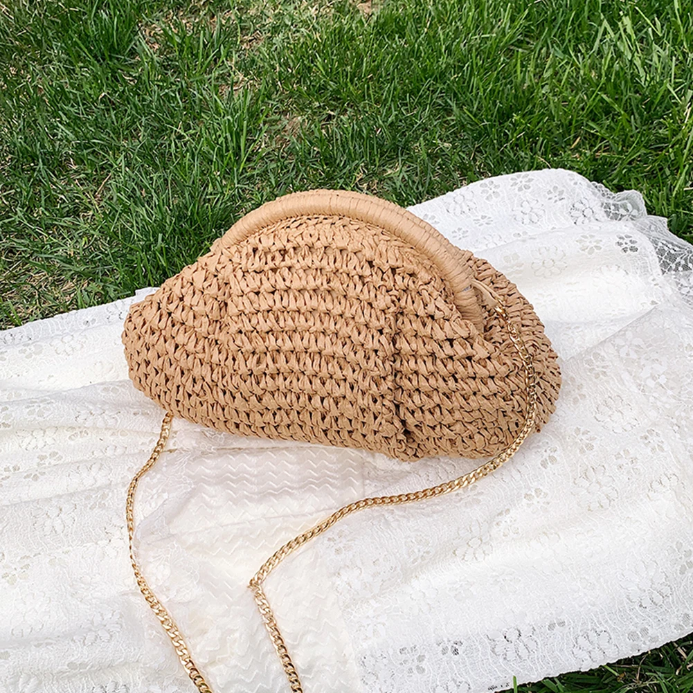 

Women Straw Woven Bag Chain Strap Woven Dumpling Bag Large Capacity Stylish Crossbody Bag Solid Color for Outdoor Travel