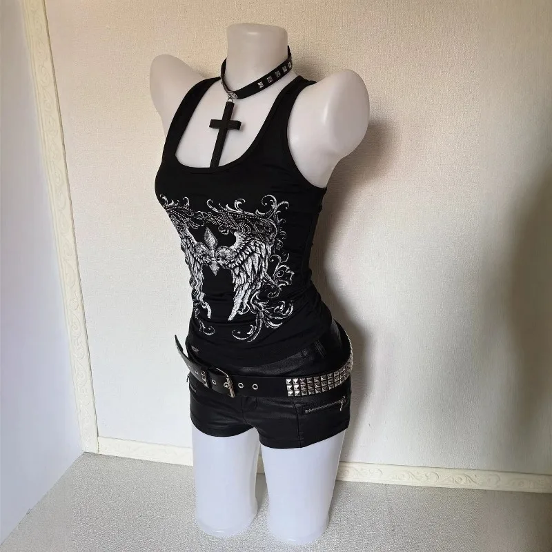 Summer Women Harajuku Clubwear Daily Wear Casual Tops Y2K Gothic Dark American Vintage Sexy Black Slim Fit Wing Print Tank Tops