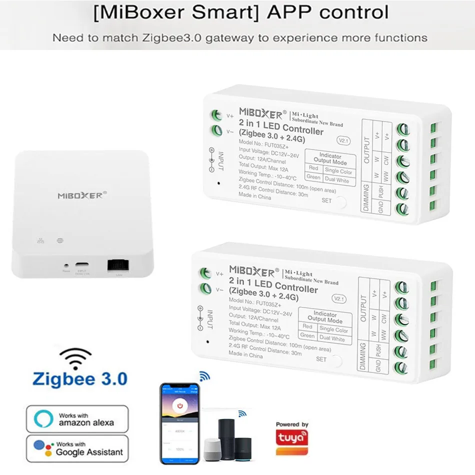 Miboxer DC12-24V Zigbee 3.0 APP FUT035Z+ 2in1 single color Dual white FUT037Z+ 3in1 RGB RGBW RGBCCT Smart APP  LED Controller