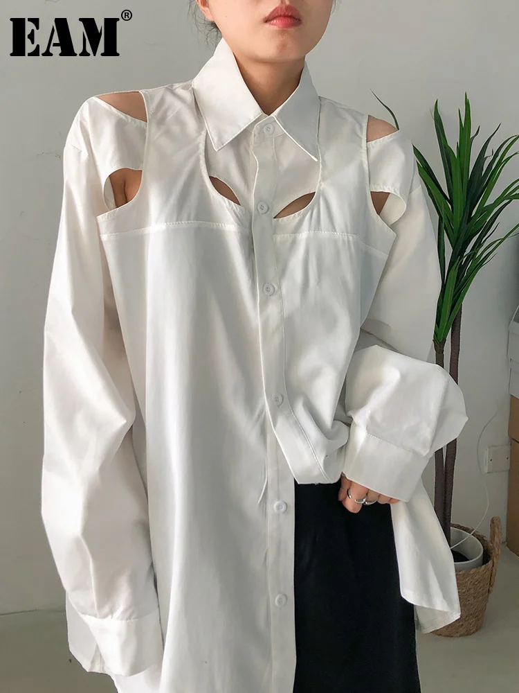 

Women White Hollow Out Big Size Blouse New Lapel Long Sleeve Loose Fit Shirt Fashion Tide Spring Autumn 2023 1DF0356