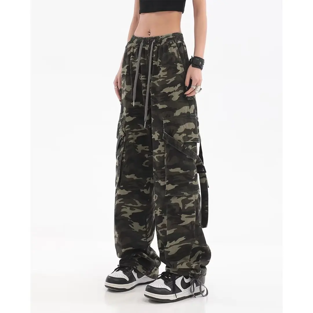 

Retro Hip Hop Camo Pants Women's High Street Straight Leg Wide Leg Design Casual Cargo Pants