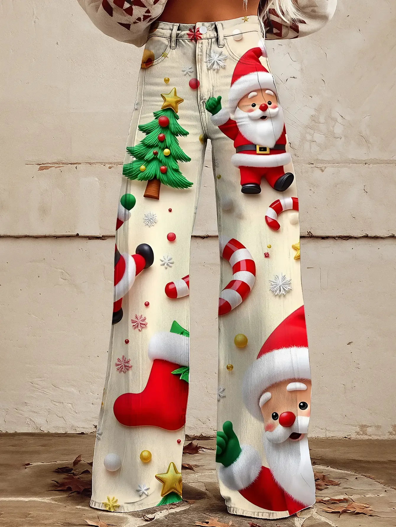 Women's new printed jeans with denim like fabric, casual, fashionable, comfortable, pants ,Christmas