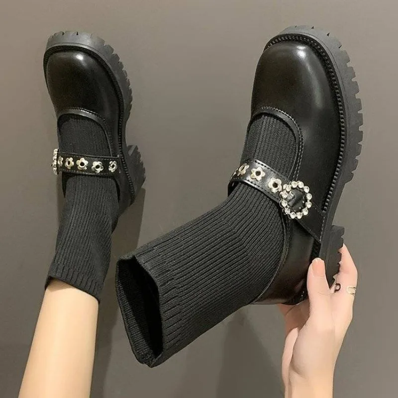 Obuwie Kawaii Sock Krótkie Buty Dla Kobiet Elastyczne Botki Mary Janes Śliczne Kobiece Botki Do Kostki Lolita Nowość W Zimie 2024 Y2k Pu