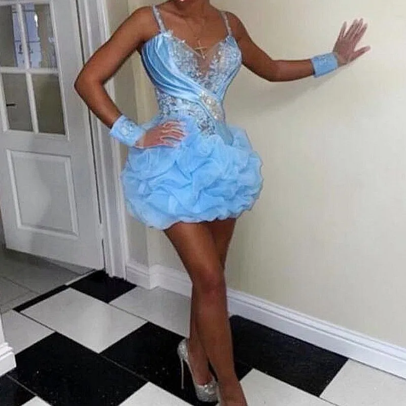 Vestido de cóctel corto azul cielo con tirantes finos, vestidos de fiesta de cumpleaños, apliques de cuentas, Mini vestidos de regreso a casa, guantes Wihtout