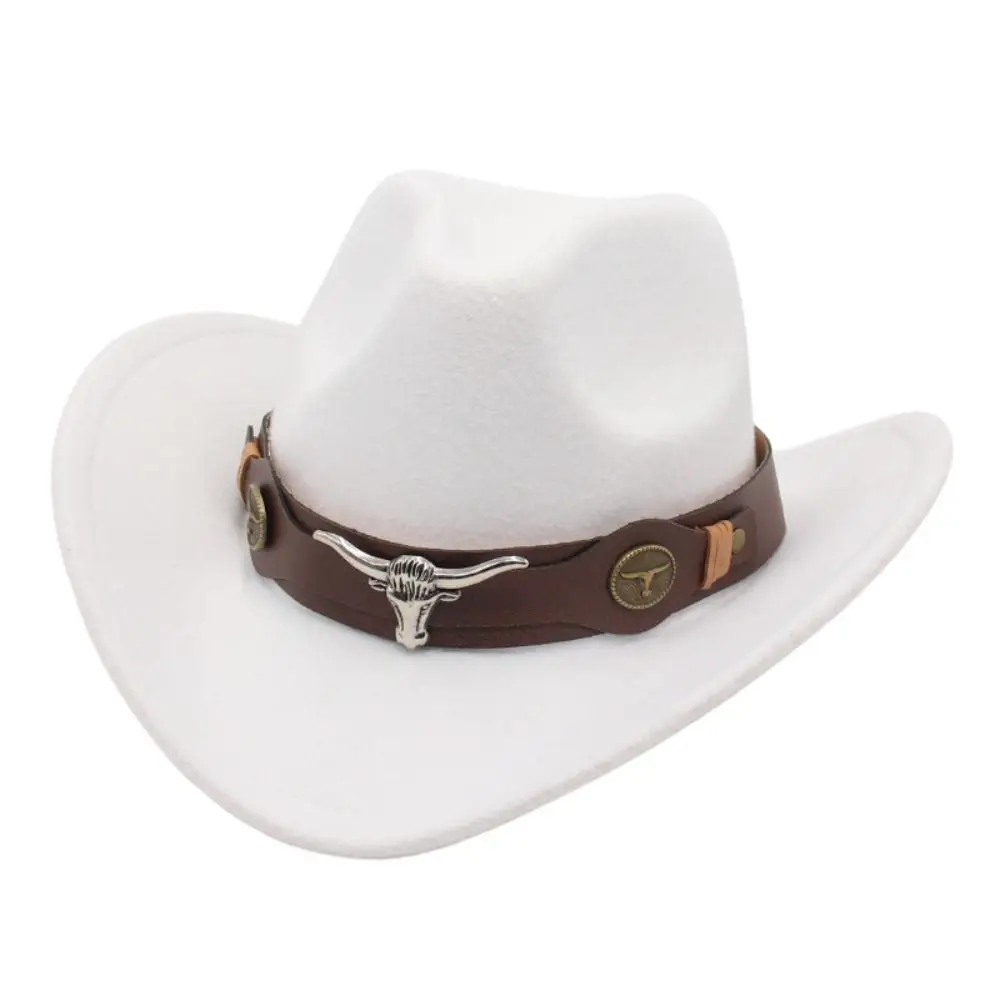 Felt Western Cowboy Hat Ox Head Accessories with Cow Band Roll Brim Cowgirl Cap Ethnic Style Soft Tibetan Style Top Hat Women