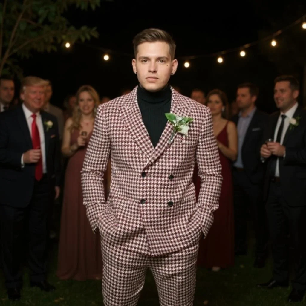 メンズダブルブレスト千鳥格子スーツ 結婚式 新郎 タキシード スリムフィット 2ピース ファッションチェック 男性スーツセット ジャケット パンツ付き