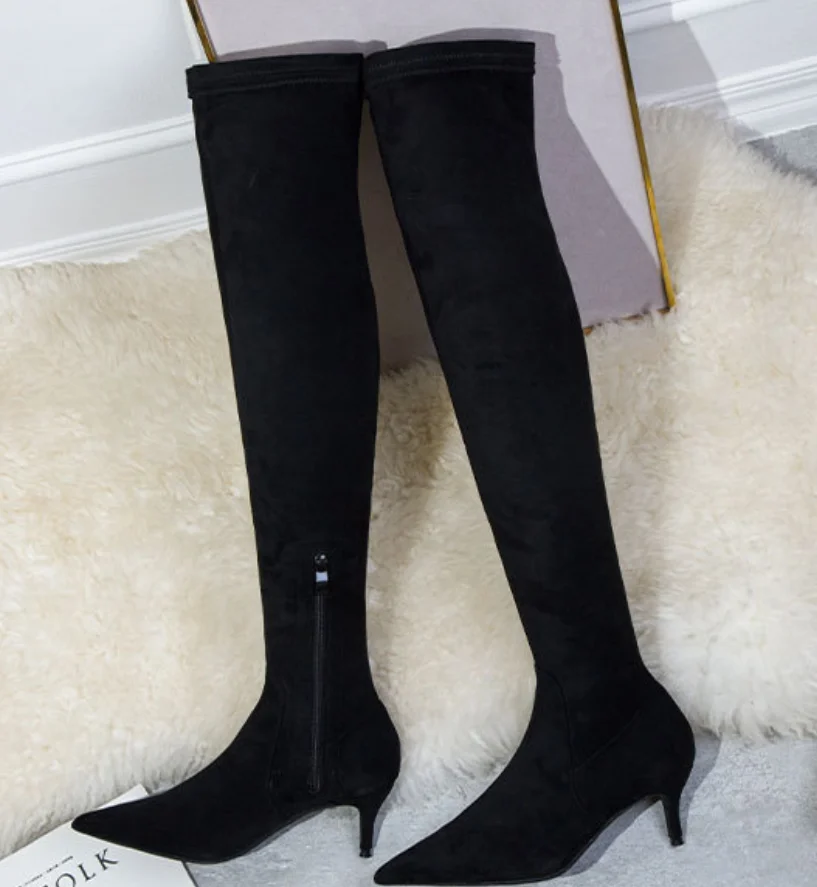 AIYKAZYSDL Spring Autumn Women Med Low Heel Boots Kitten Heel Fashion Slim Fit Slender Long Flock Faux Suede Boots Over The Knee