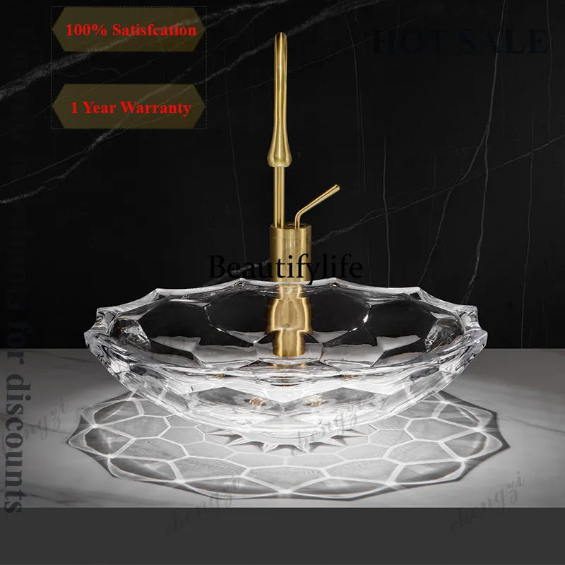 c139 Light luxury crystal glass wash basin, die-casting art, transparent lotus table basin, wash basin hotel