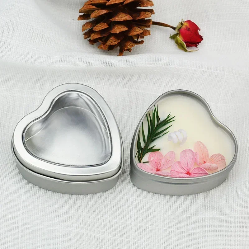 12/30 pçs latas de metal em forma de coração com janela frasco de vela de prata caixa de armazenamento vazia diy creme recipiente cosmético vela que