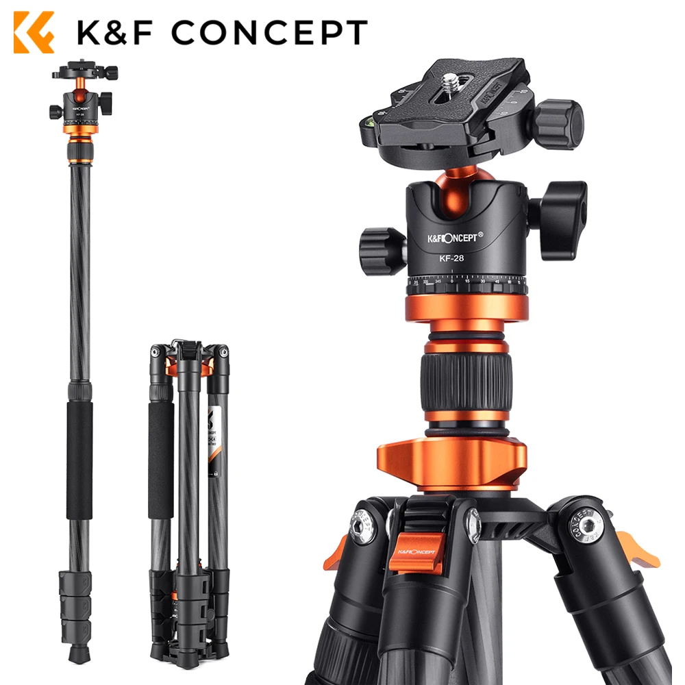 K&F Concept 62inch/160cm Portable Travel Tripod Carbon Fiber Tripod with Detachable Monopod Metal Ball Head Quick Release Plate