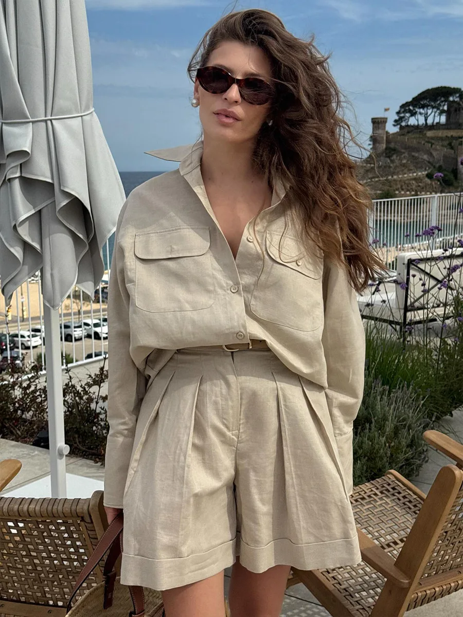 Blubelle Summer Women's 100% Cotton Long Sleeve Shirt Shorts Set Loose Breathable Fashionable Casual Outfit For Women