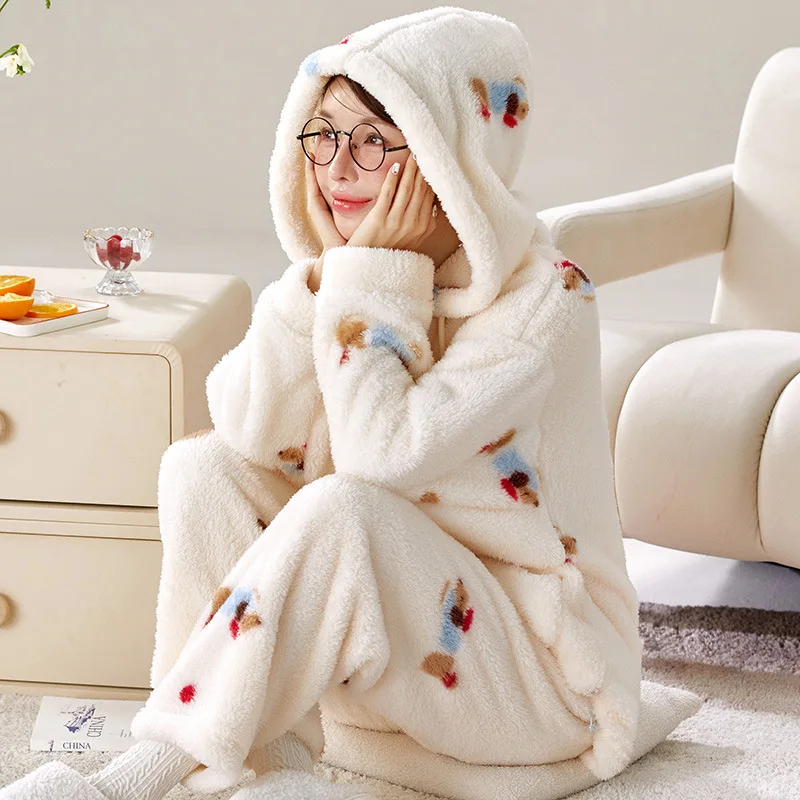 2025 الخريف الشتاء الدافئة مبطن سميكة منامة للنساء الكرتون لطيف مقنعين سترة Homewear عادية لينة بيجامة 2 قطع مجموعة