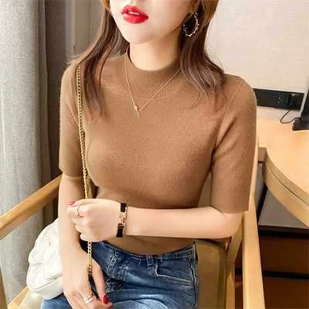 2025 Mezzo dolcevita Basic Solid Thin Pullover estivo da donna Maglione lavorato a maglia femminile Slim manica corta Maglione aderente Pullover