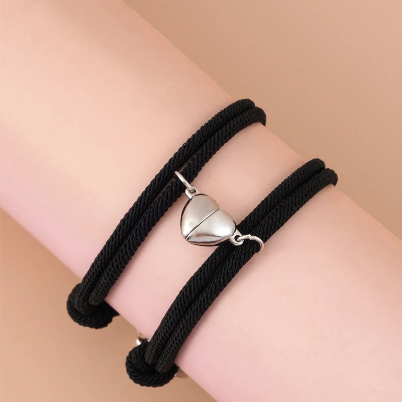 2pcs Magnetic Stainless Steel Dinosaur Pendant Heart Charm Couple Bracelets Lover Friend Men Women Braid Rope Bangle