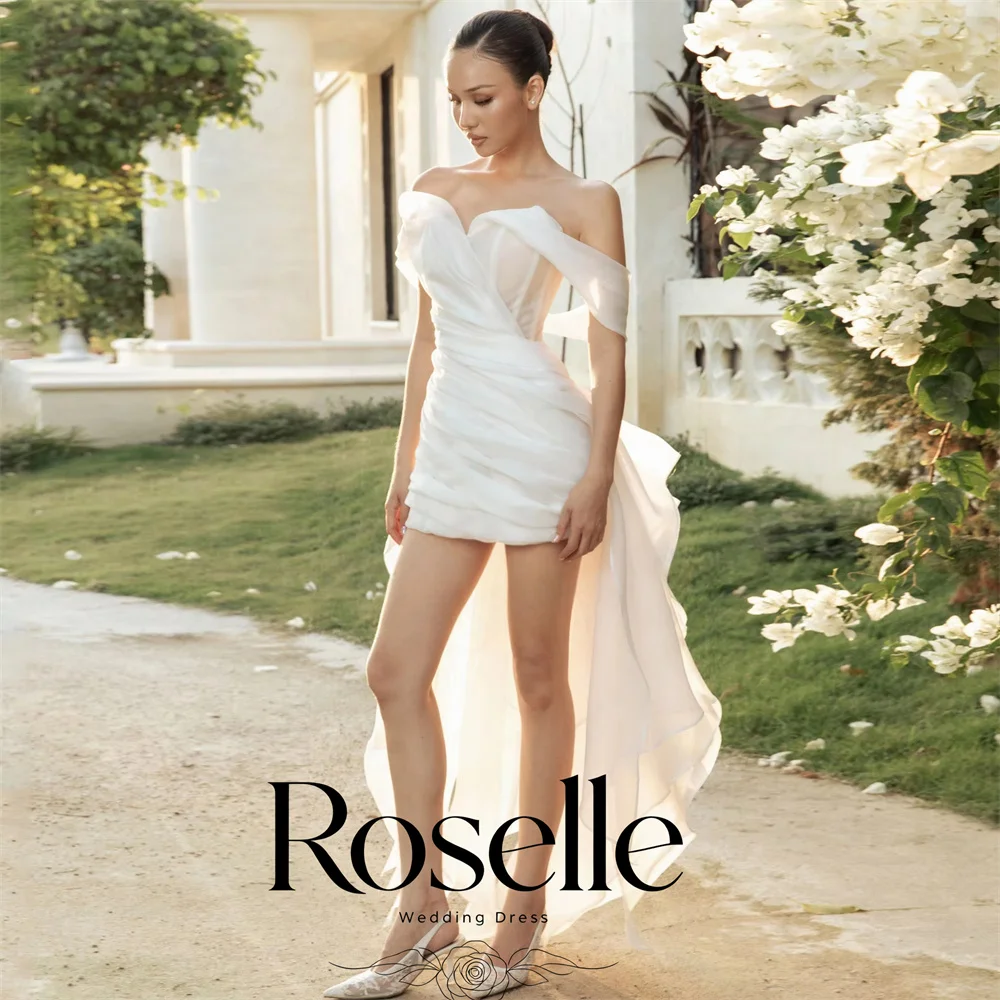 Off Shoulder Short Wedding Dresses 2026 Straight Elegant Ruched Bride Dress Civil Wedding Flowing Train Party Gowns Customized