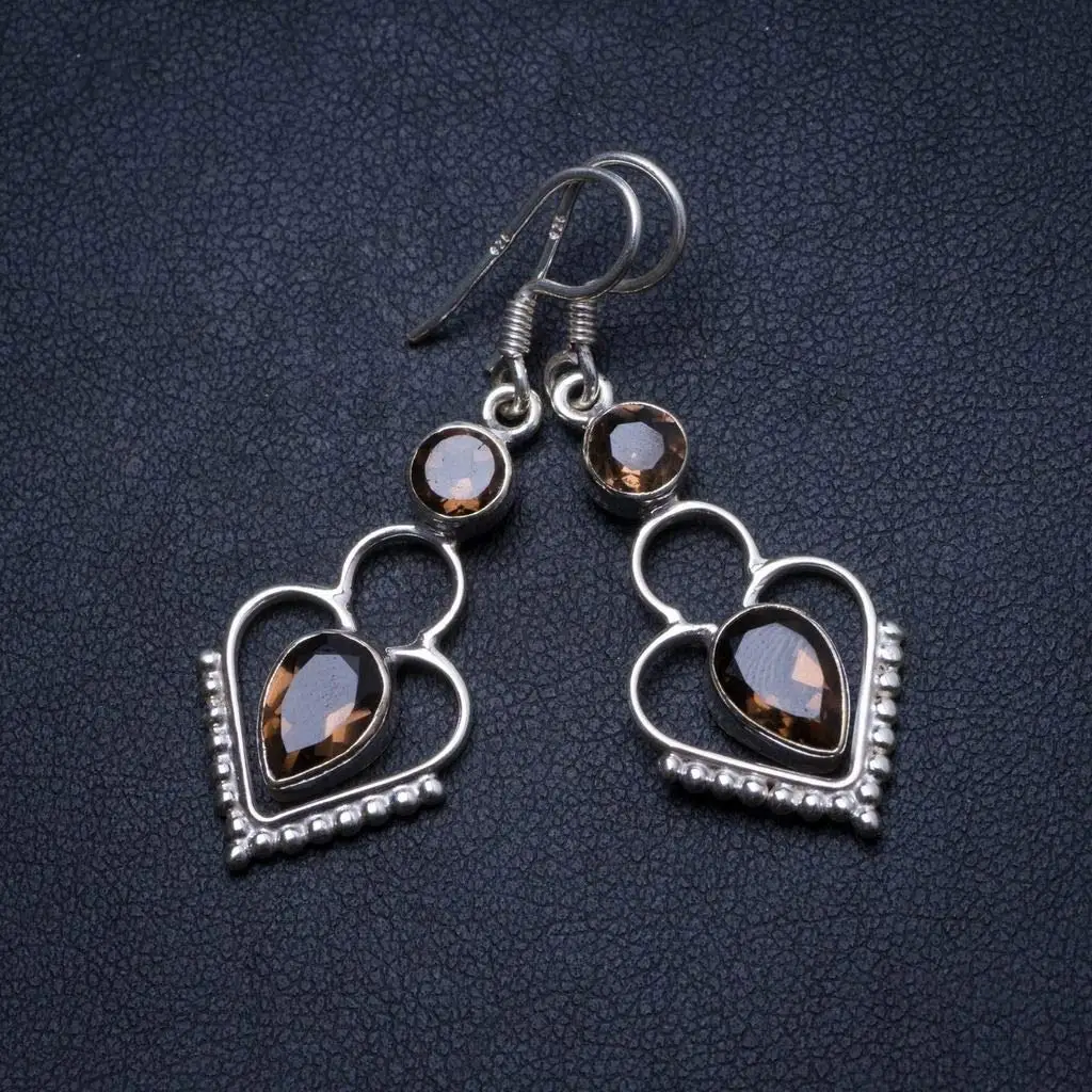 StarGems® Natural Smoky Quartz Handmade Unique Heart Shape 925 Sterling Silver Earrings 1.5