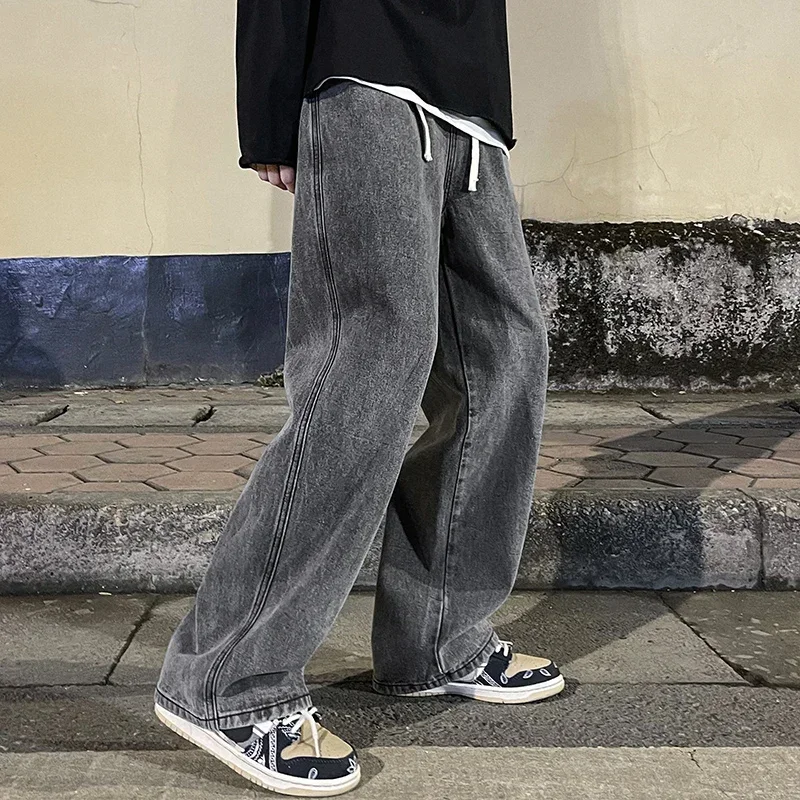 

Korean Fashion Men's Baggy Jeans Elastic Waist Classic olid Color Straight-leg Denim Wide-leg Pants Male Light Blue Grey Black