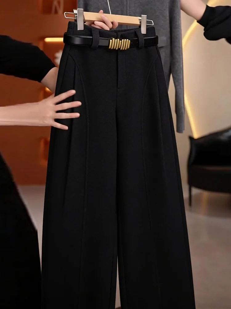 กางเกงขายาวทรงตรงเอวสูง ผ้าทิ้นเนื้อนุ่ม สไตล์เกาหลี สำหรับฤดูใบไม้ร่วงและฤดูหนาว เหมาะสำหรับใส่ไปทำงาน