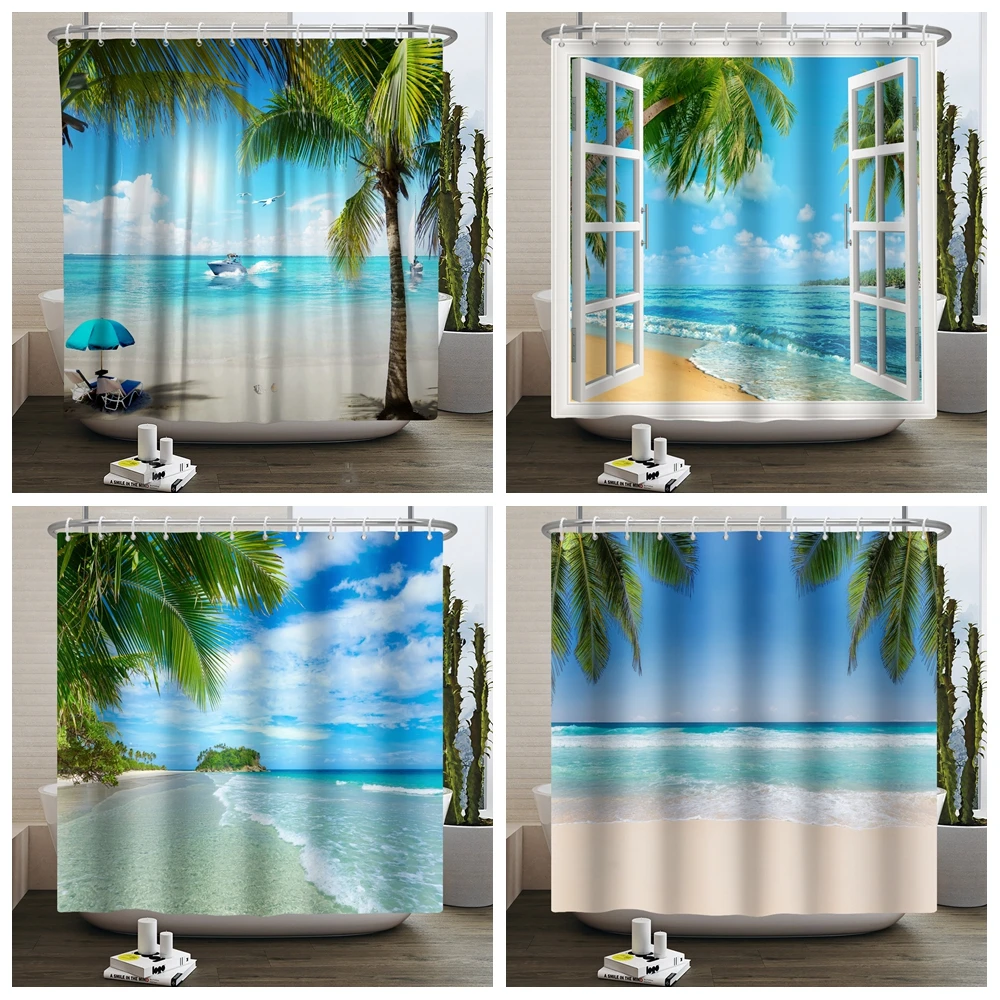 Shower Curtain Sunshine Beach Scenery Seaside 3D Printing Shower Curtain Polyester Waterproof Home Decor Curtain 180x180