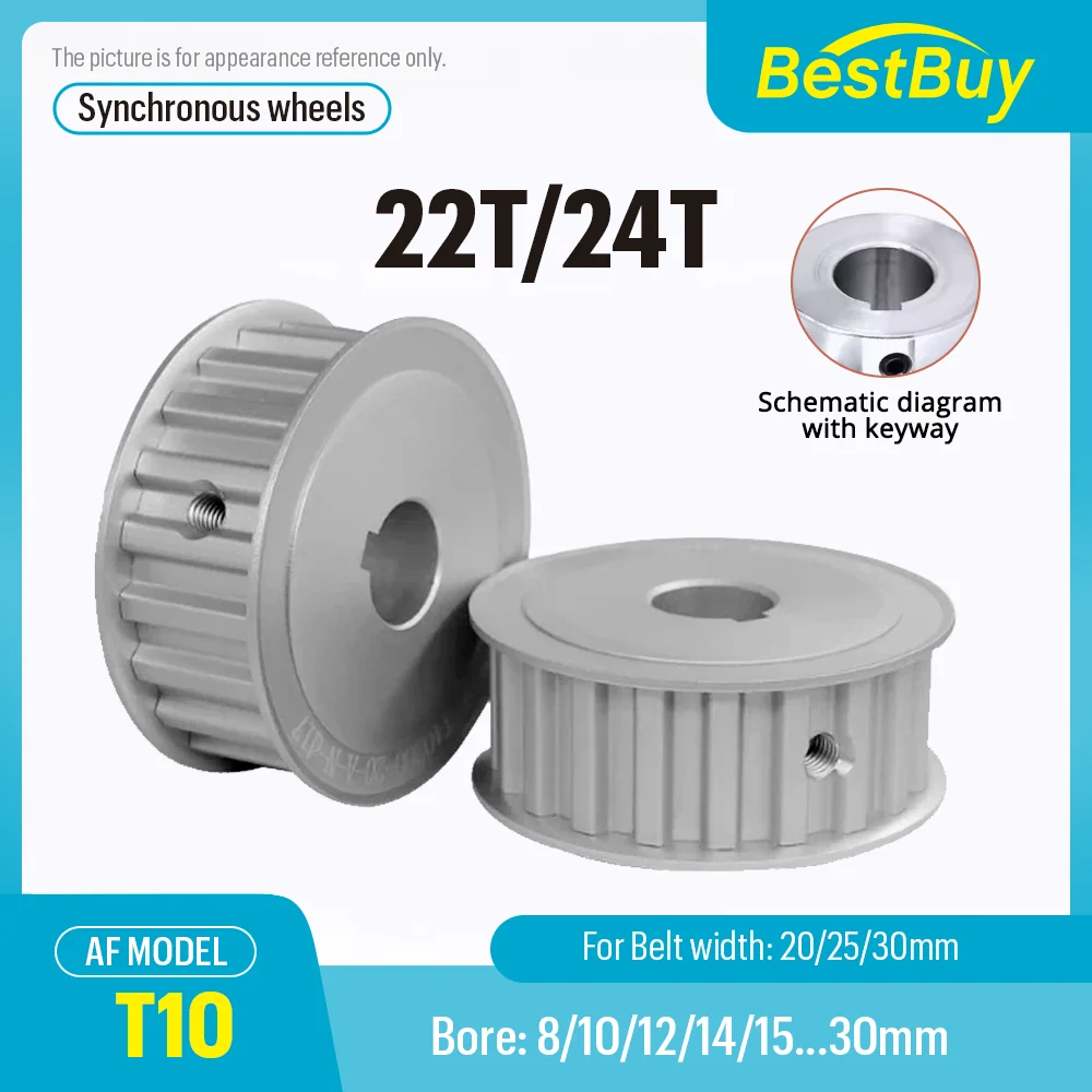 T10 AF Timing Pulley Aluminum Alloy22T 24T Teeth Synchronous Wheel Belt Width 20/25/30mm Bore 8mm-30mm Pitch 10mm