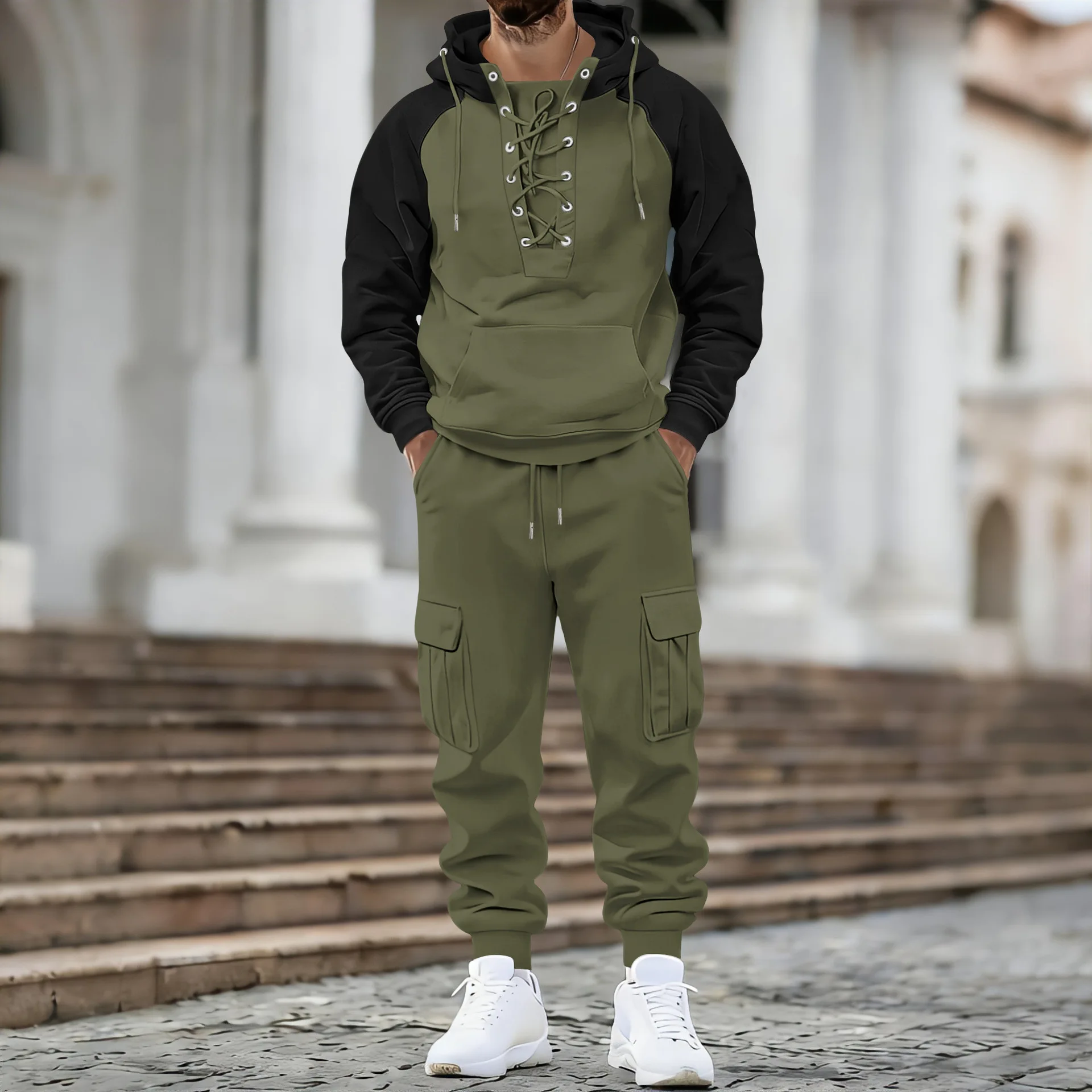 Herren Amerikanischer Oversize-Anzug mit Samtfutter Zweiteiliger Anzug mit Mehreren Taschen Arbeitskleidung Locker Sitzender Langarm-Oberteil und Hose Lässige Outdoor-Bekleidung – Detail 12