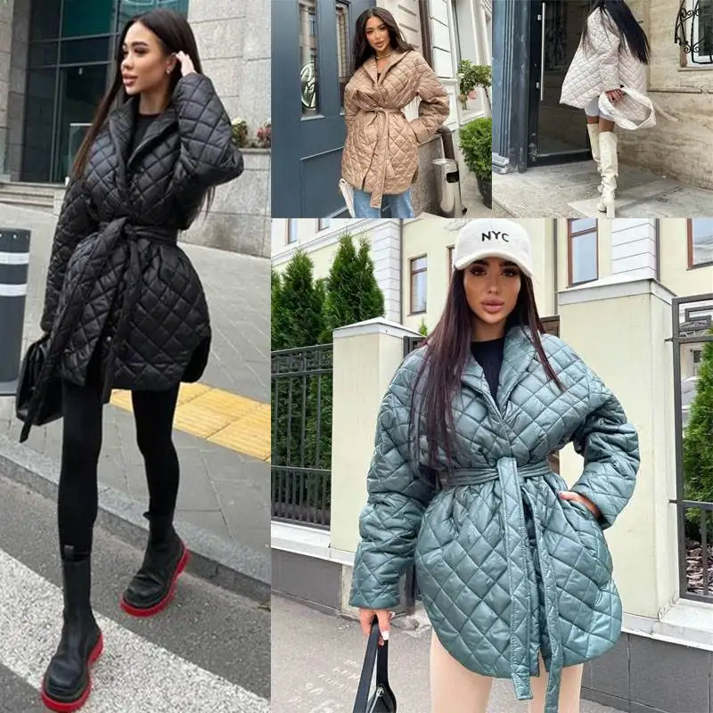 

Winter Slim Fit Cotton Jaet with Belt Long Sve Turn-down Collar Women's Coat Personalized ort Front Long Ba Design