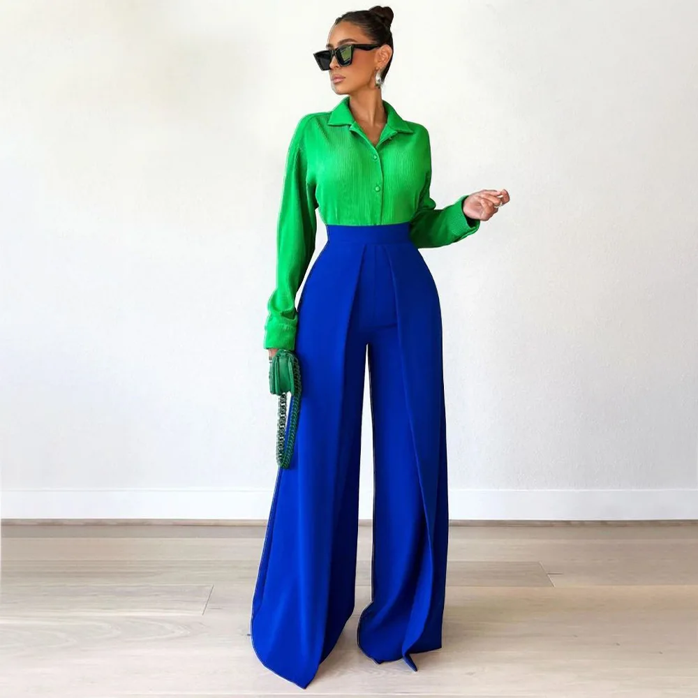 Autumn Winter Solid Color Casual Wide Leg Pants Women Asymmetric  Casual High Waisted Wide Leg Pants Floor Length for Women