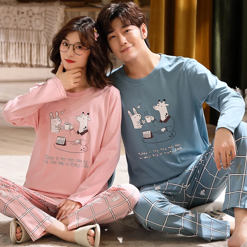 커플 코튼 잠옷 봄 긴 수면 탑 바지 잠옷 세트 남성 홈 의류 여성 잠옷 Pjs Loungewear Hombre