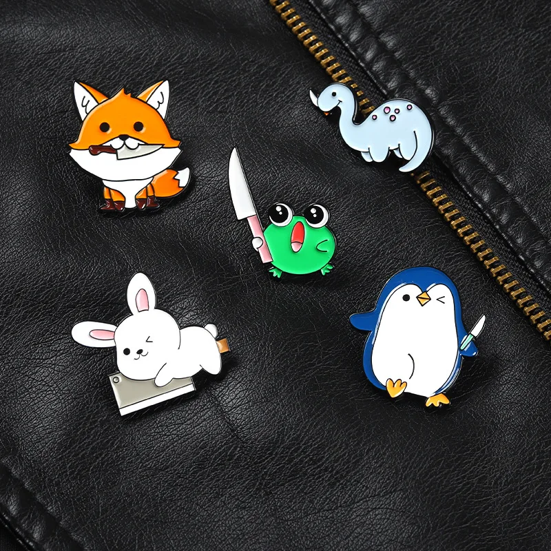 Cute Cartoon Knife Animal Alloy Enamel Brooch Creative Fox Rabbit Frog Metal Badges Trendy Backpack Accessories Jewelry Gifts