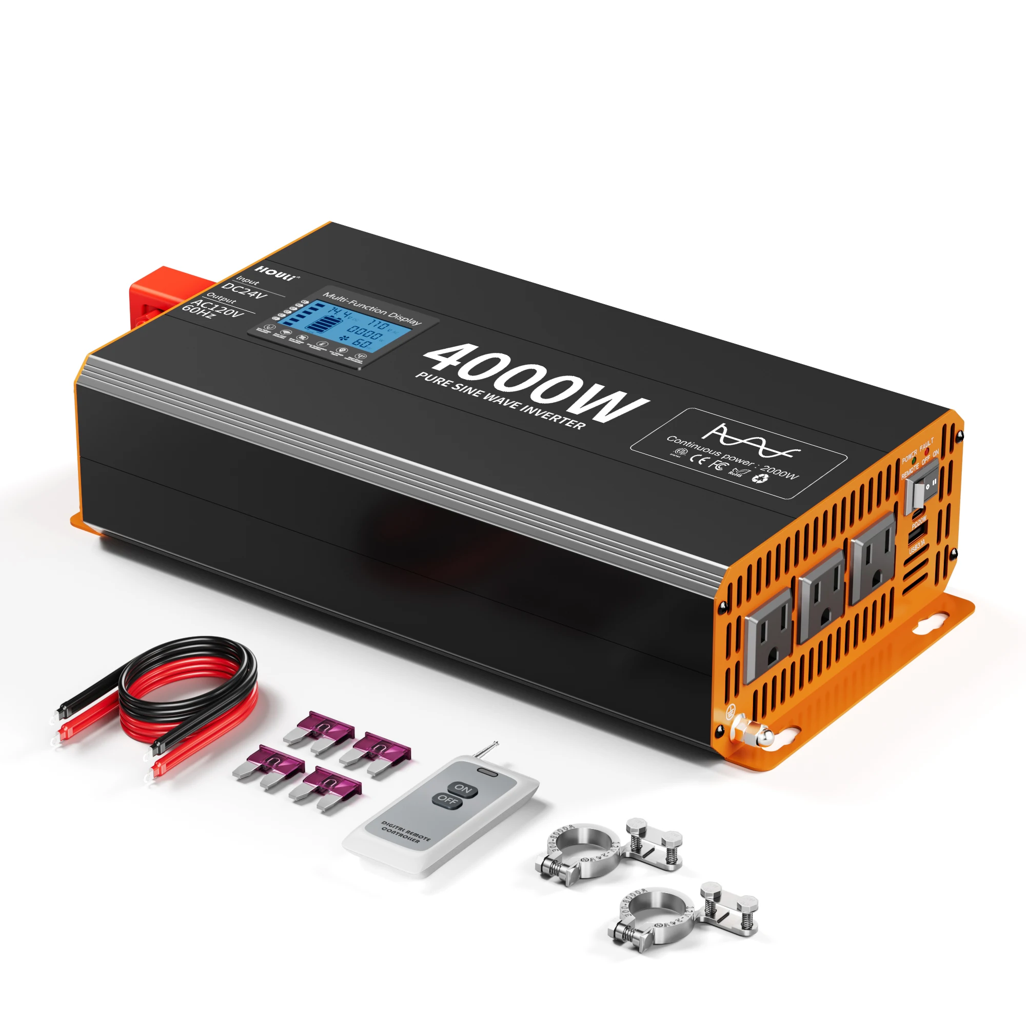 Inversor de potencia de onda sinusoidal pura HOULI 4000W 12V/24V a 120V | Tomas de corriente triples de CA | Control remoto