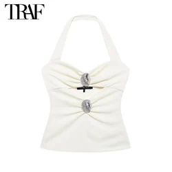 TRAF Top Women Y2k Summer Tanks&Camis Halter Top Ladies Fashion Casual Elegant White Sleeveless Backless Youth Women Tank Tops