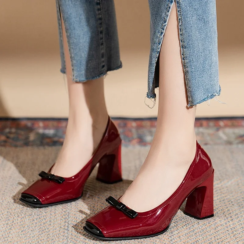 French Elegant Shallow Mouth Thick Heels 2024 Autumn Retro Square Toe Women's Pumps Sweet Bow Embellished Female Dress Shoes