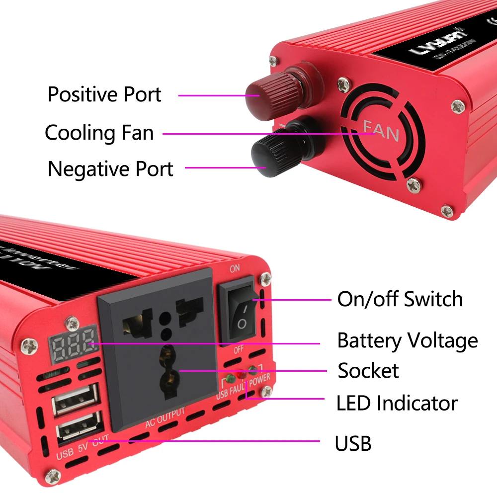 Imagem -05 - Lvyuan-conversor de Carro com Display Led Energia Solar Bateria Inversor Soquete Universal Inversor de Viagem Dc12v ac 220v 1500w 2000w 2600w